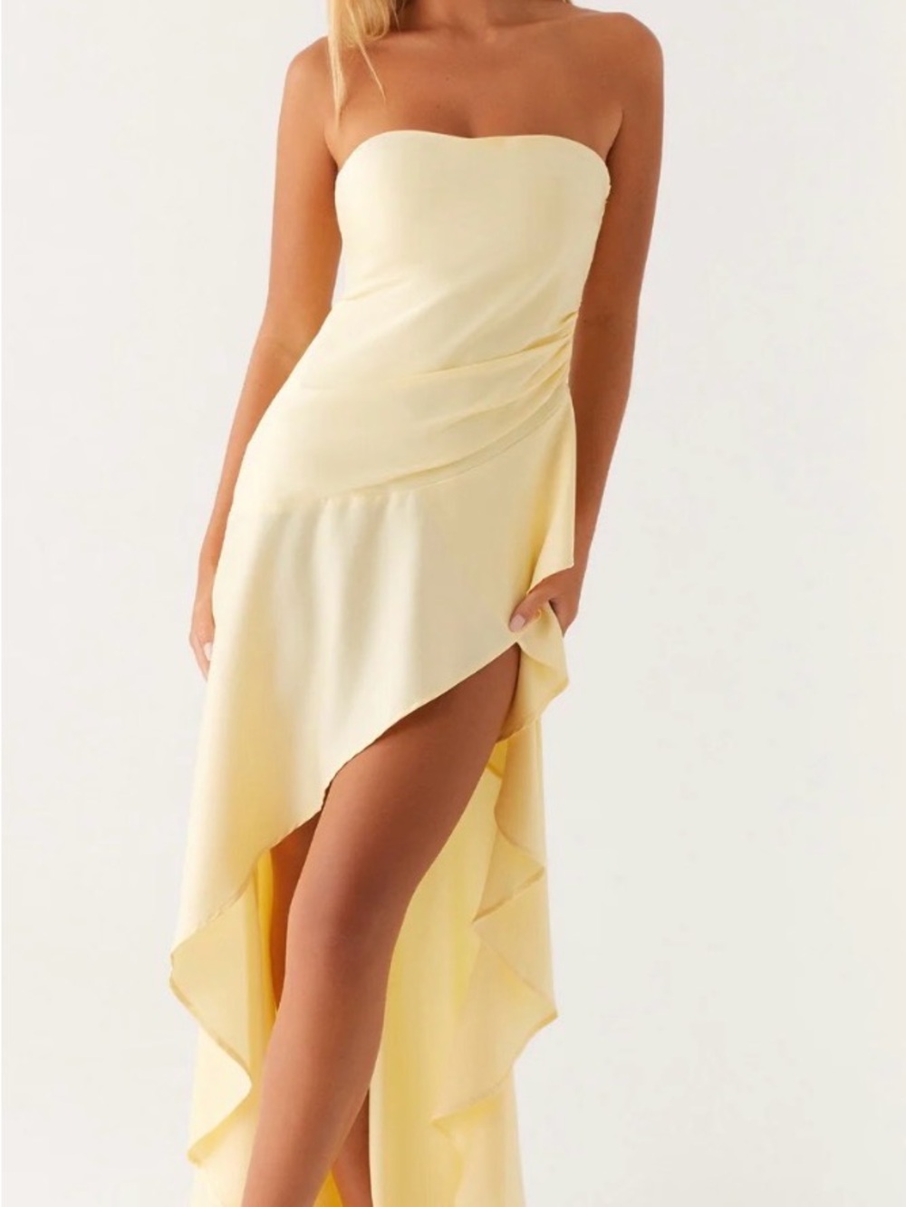 Strapless Yellow High-Low Ruffle Dress - Picture 7 of 10